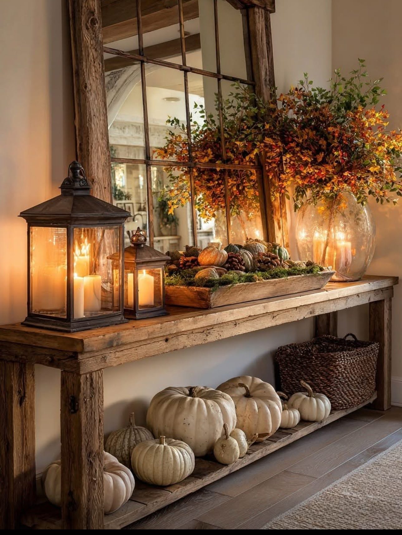 Seasonal entryway styling with lanterns, pumpkins and florals